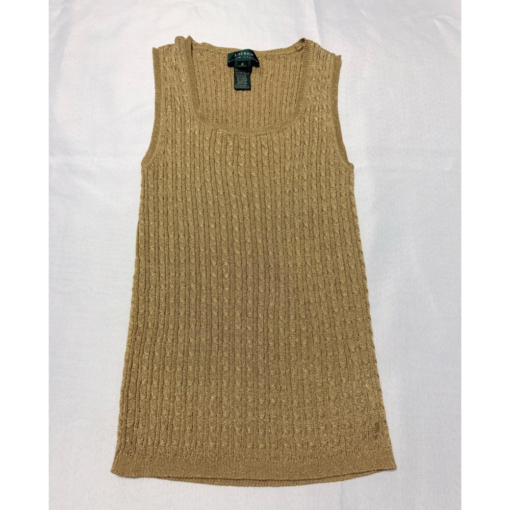 Lauren Ralph Lauren Gold Metallic Cable Knit Sleeveless Shell Top Small